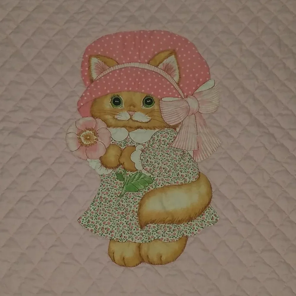 VTG Handmade Kitty Cat Blanket Pink Dress Bonnet Flowers Spring Mills Baby Quilt